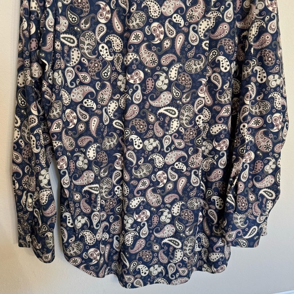 Neiman Marcus Shirt Size XXL Blue Tan Paisley Contrast Cuff Long Sleeve - Picture 14 of 16